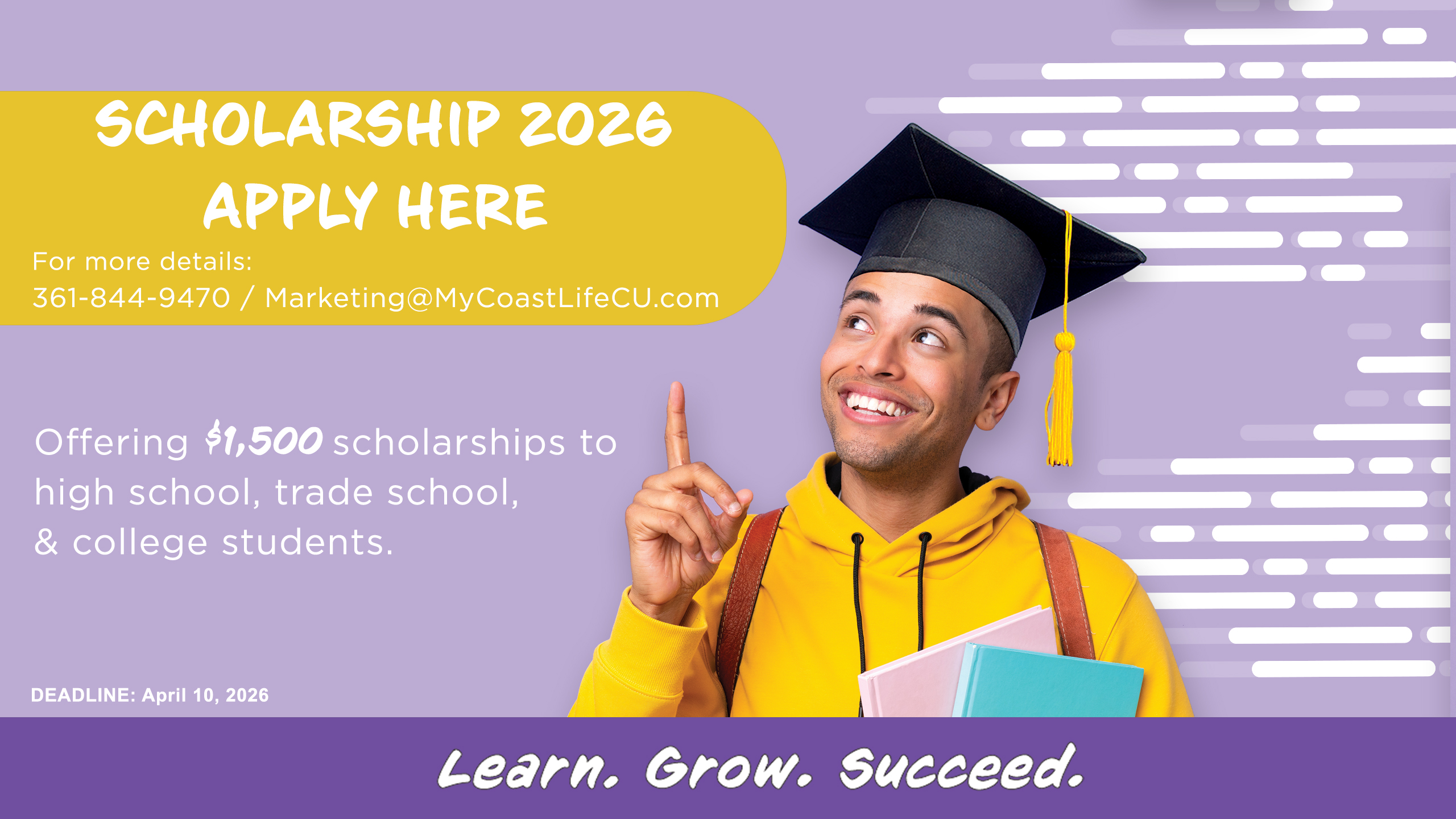 2026 CoastLife scholarship flyer with contact info 361-844-9470